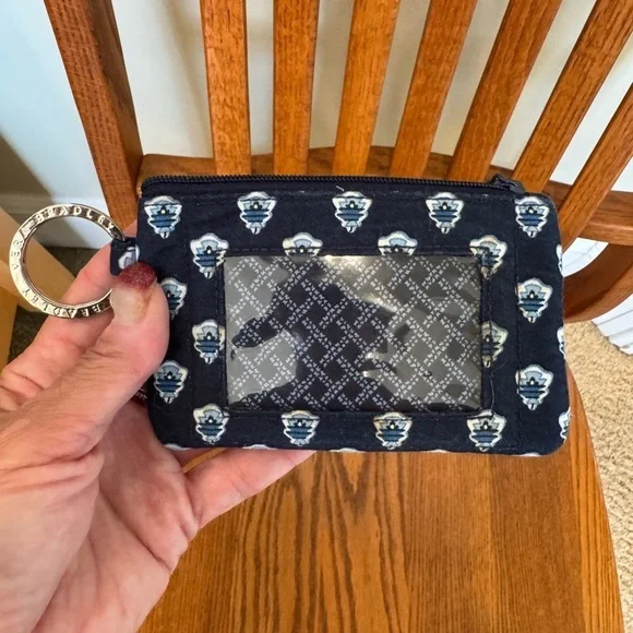 Vera Bradley Coin Card Case Zipper Key Ring Navy Blue White Clear Cover For ID - Picture 3 of 6